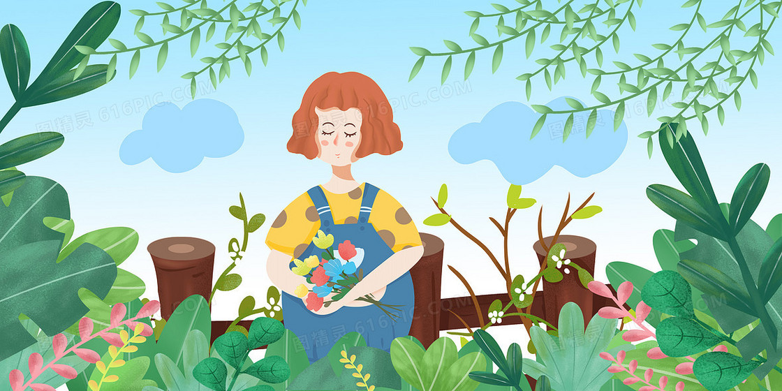 手绘卡通精致森林女孩背景元素
