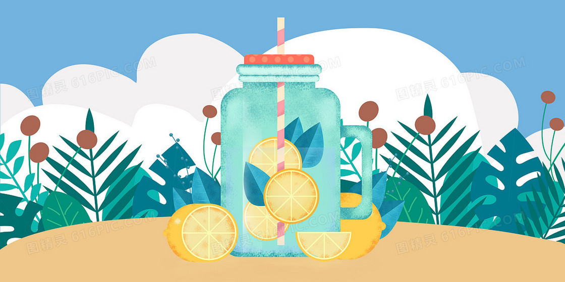 清新夏日手绘冷饮创意背景