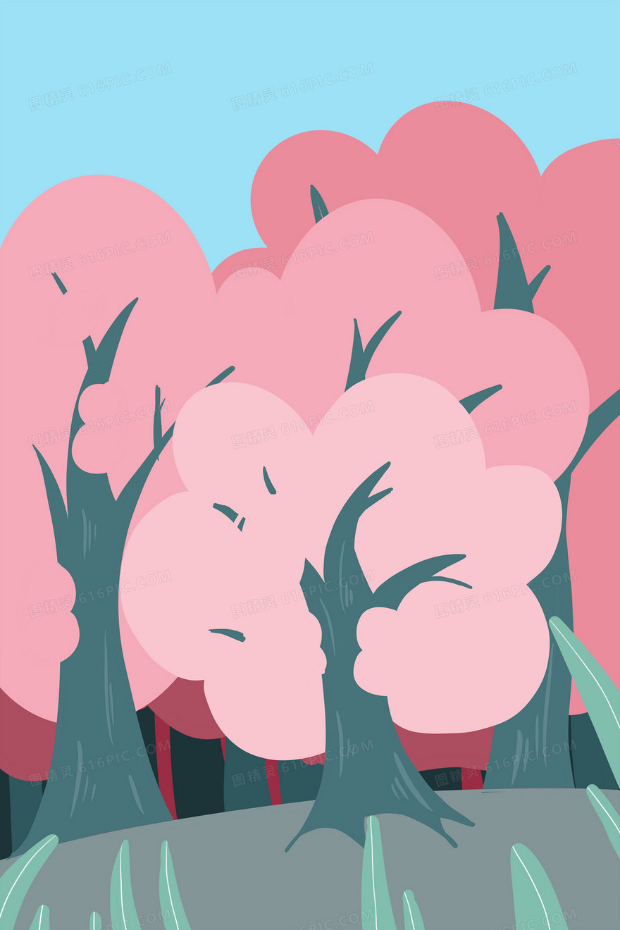 手绘樱花树林卡通原创背景
