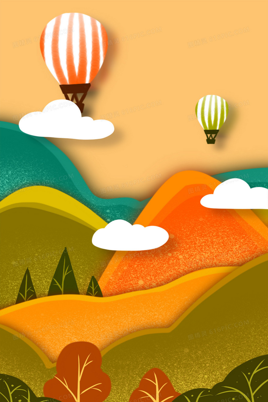 暖色立秋热气球手绘卡通风景背景
