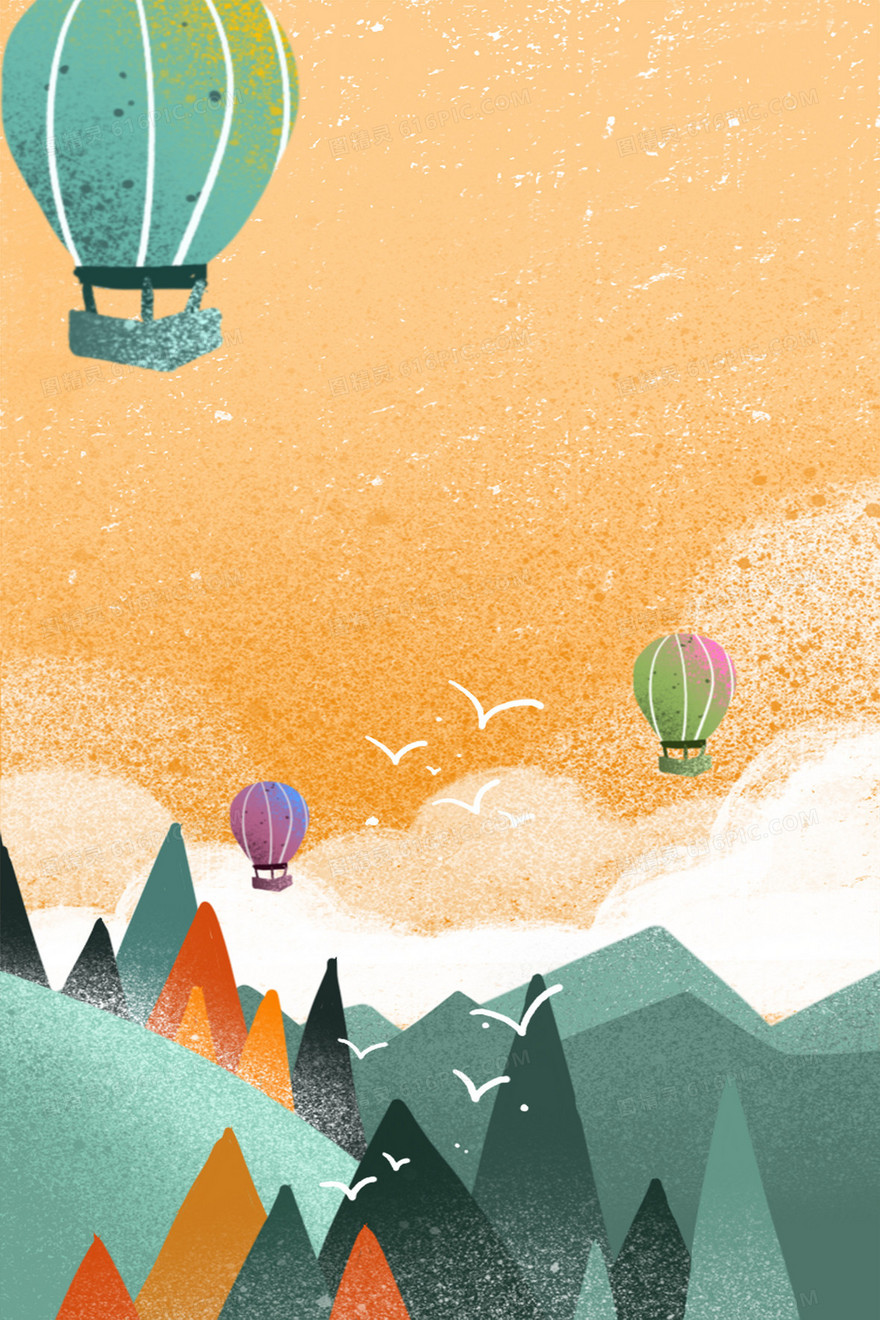 暖色秋日黄昏热气球手绘卡通插画背景