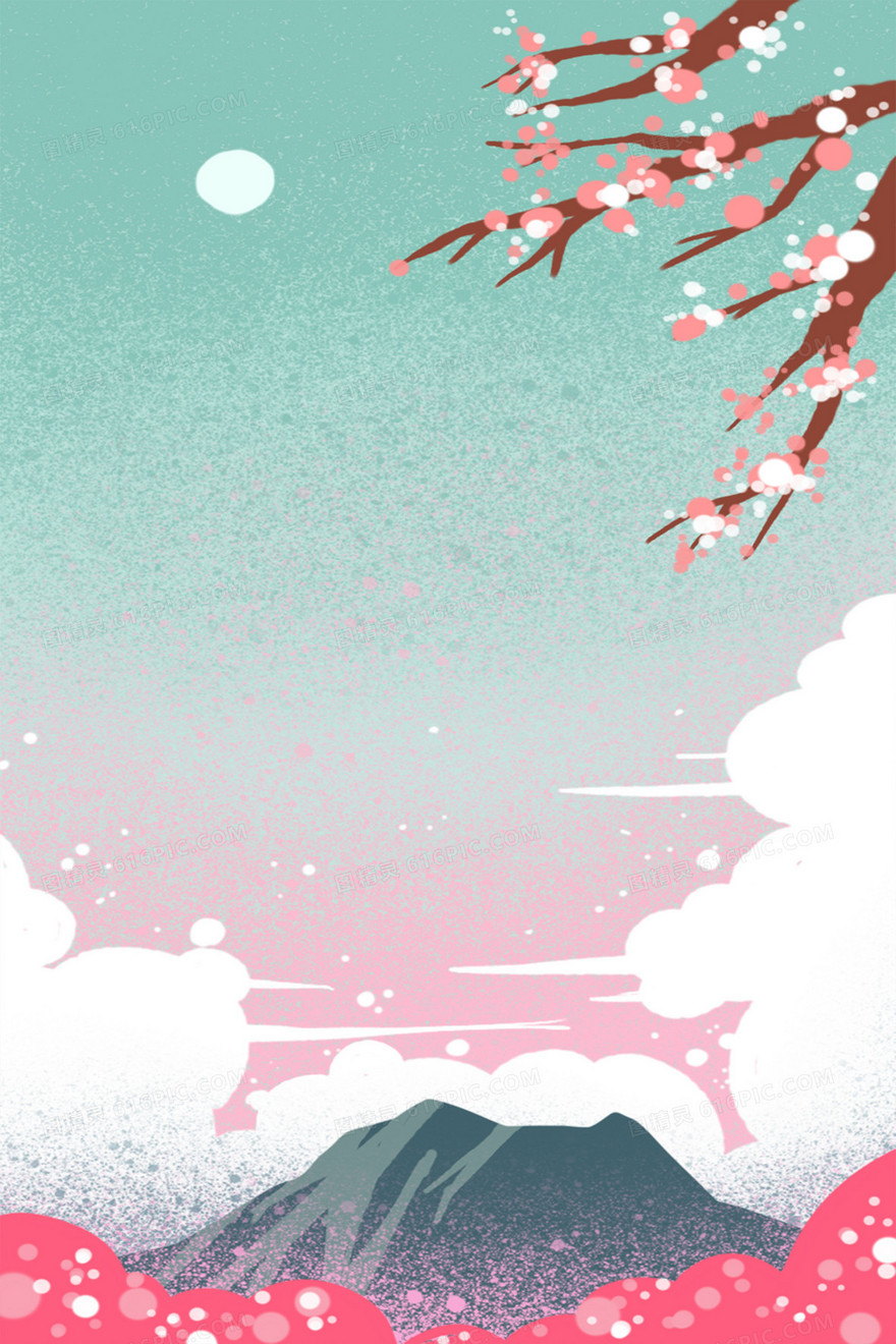 冷色樱花富士山手绘卡通插画背景