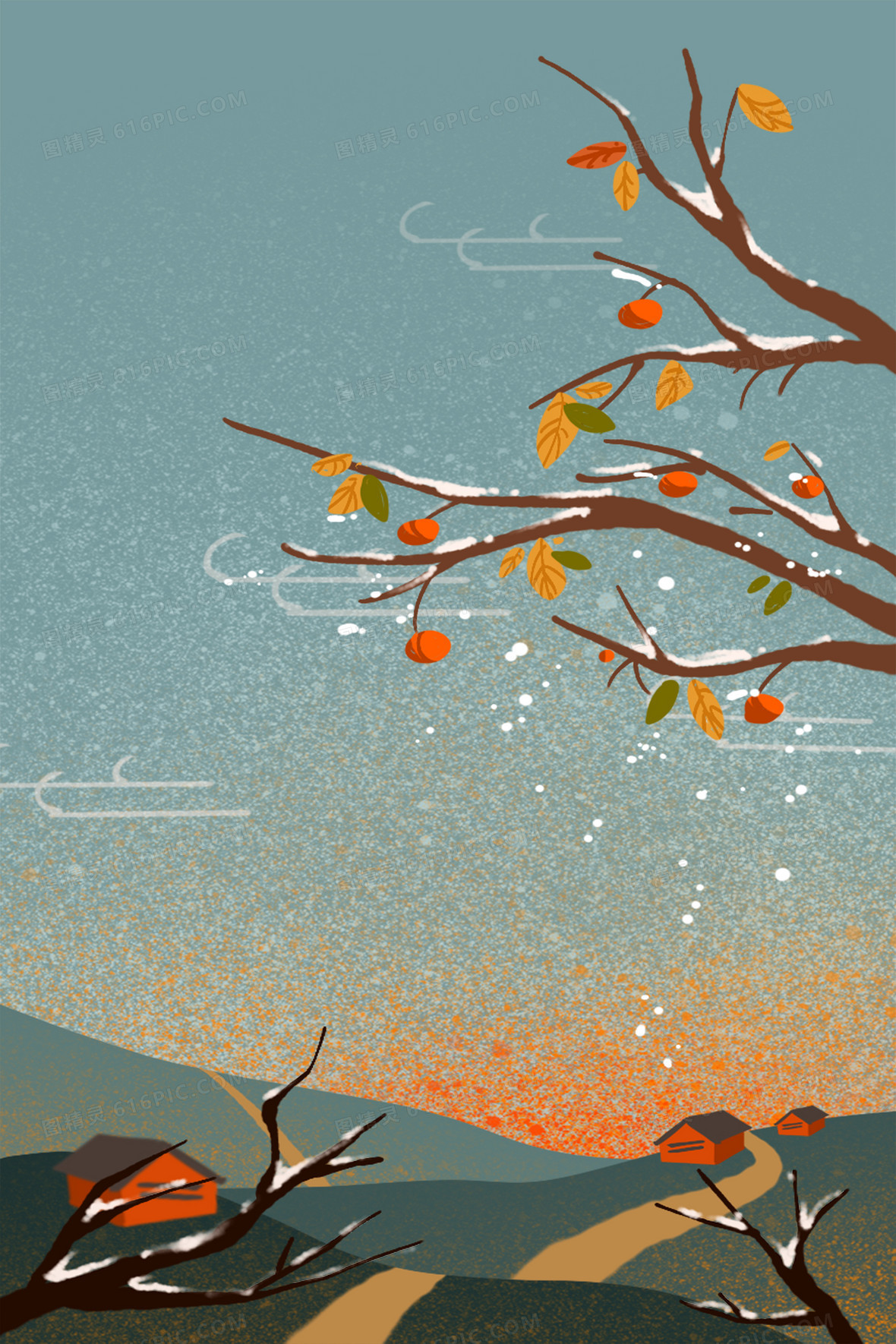 秋天枫叶亭子风景卡通创意背景