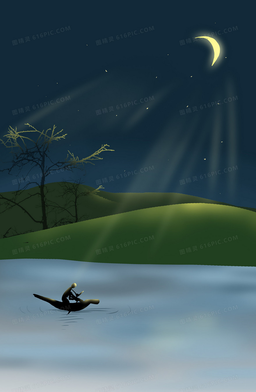 黑夜简约梦幻湖面划船背景