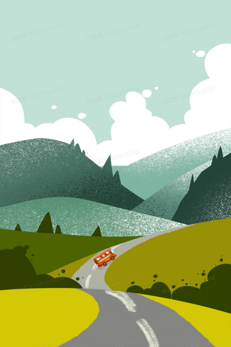 绿色卡通山丘风景手绘插画背景