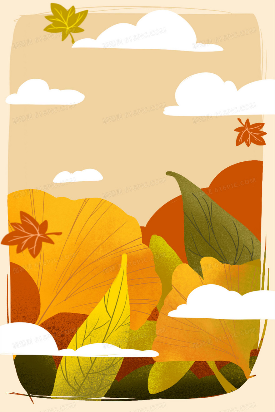 暖色秋天树叶卡通手绘插画背景