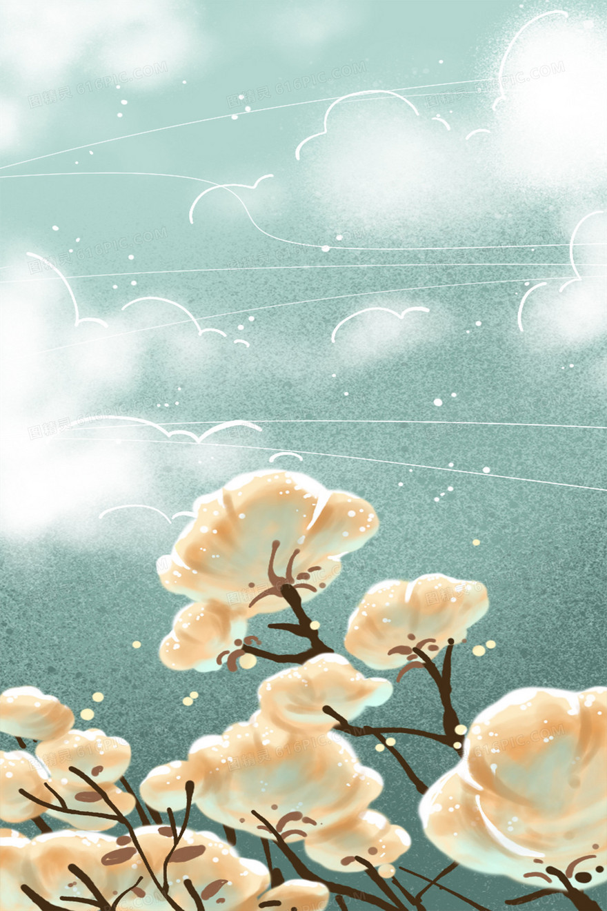 冷色蓝色秋日棉花丰收卡通插画背景