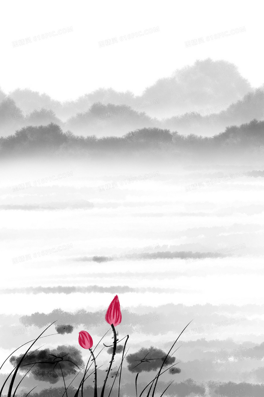 黑白水墨中国风手绘插画山水背景素材