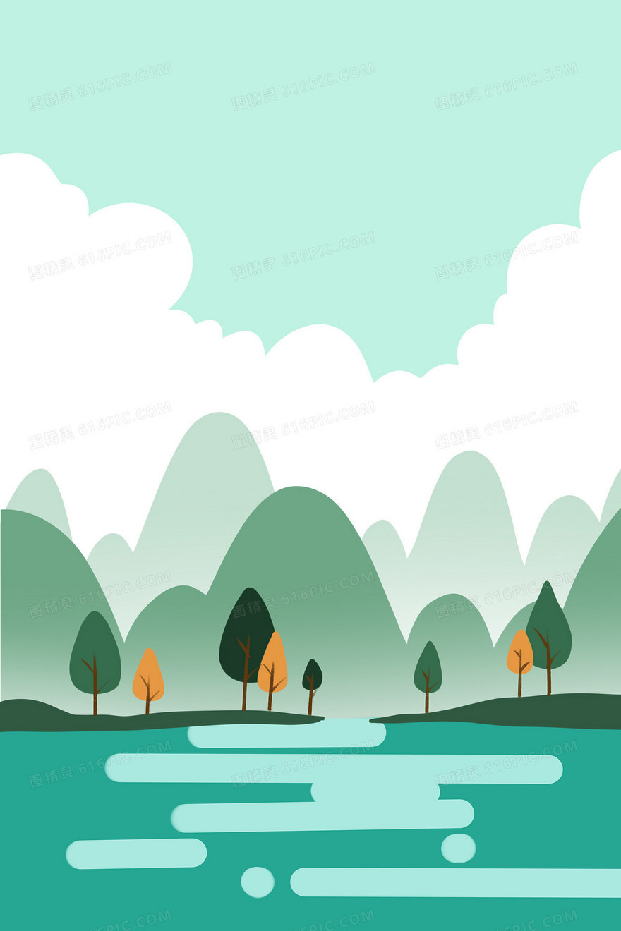 蓝色夏日湖边扁平山水手绘插画背景素材