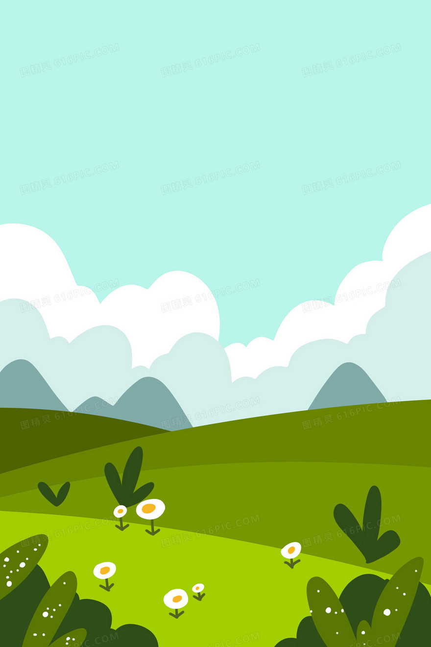 绿色夏日草原鲜花蓝天白云手绘插画背景素材