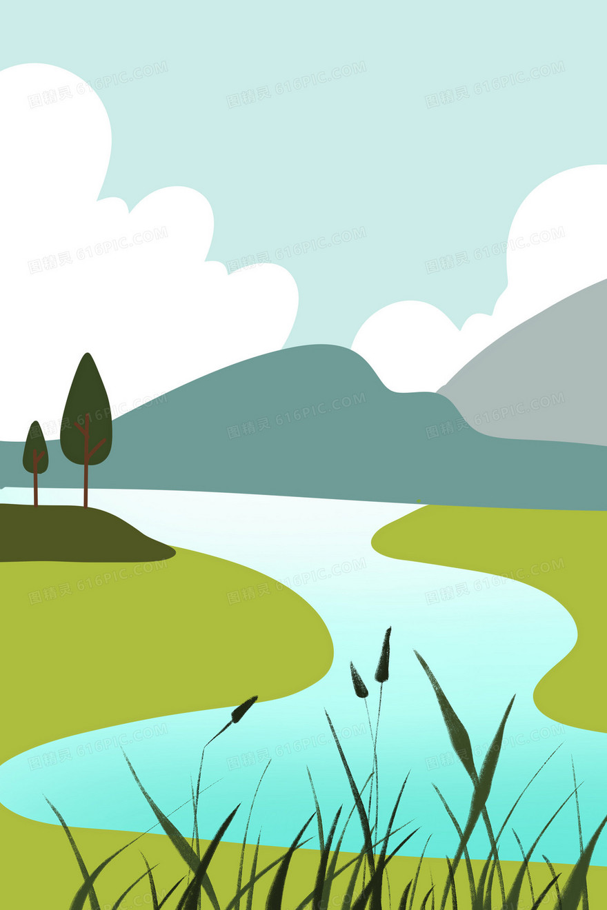 绿色夏日小河风景扁平插画手绘背景