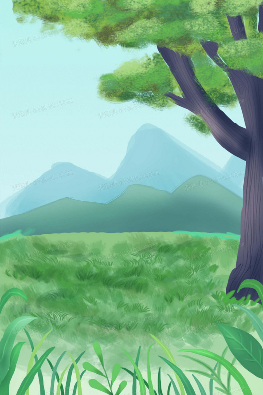 绿色大树插画卡通背景