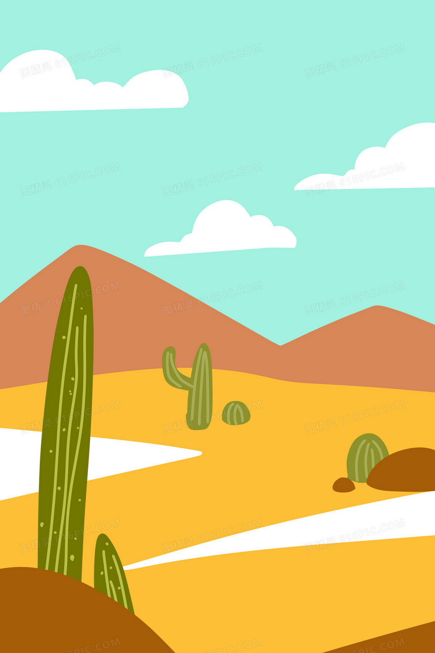 暖色夏日沙漠仙人掌扁平插画背景素材