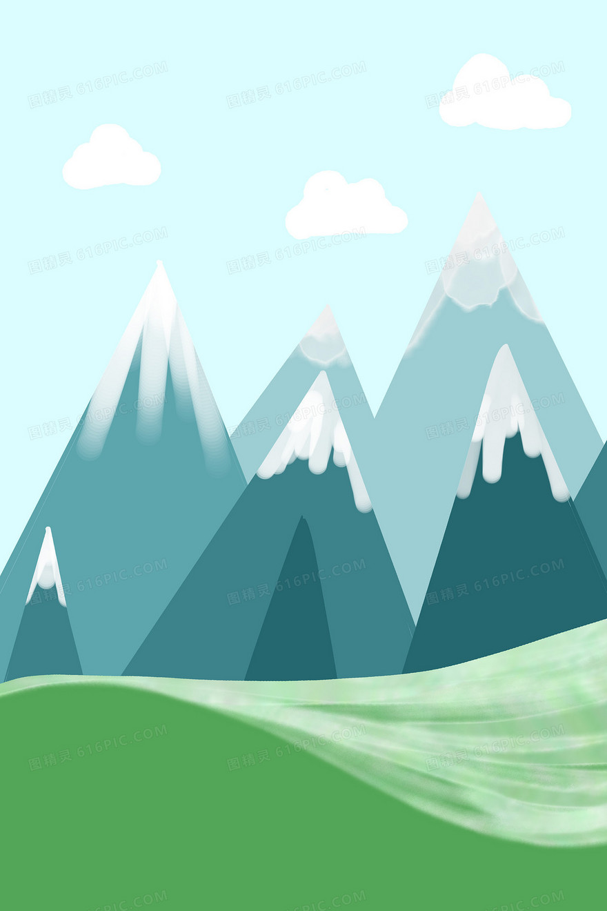 绿色清新文艺草坪雪山背景