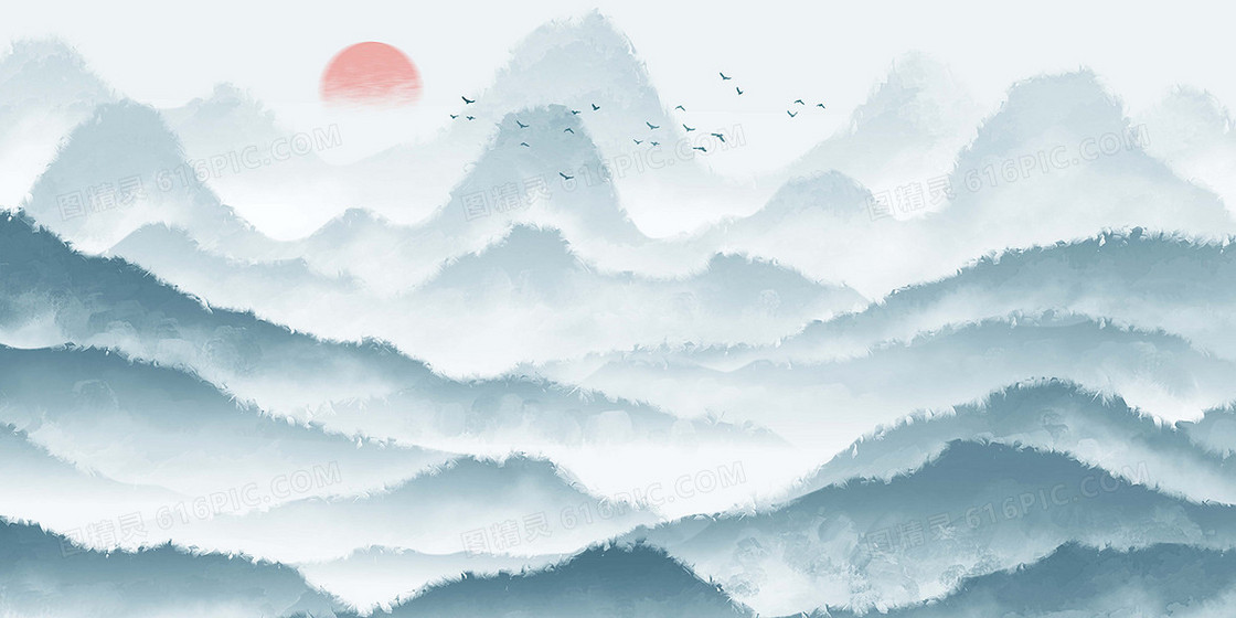 红日中国古风水墨山水展板背景