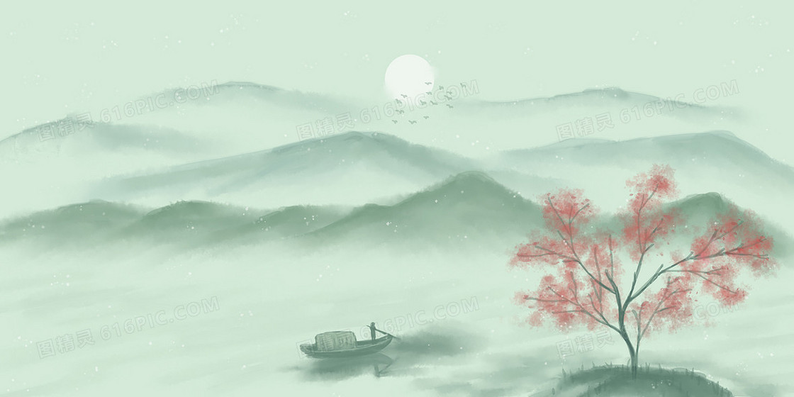 唯美古风渔船山河水墨背景图