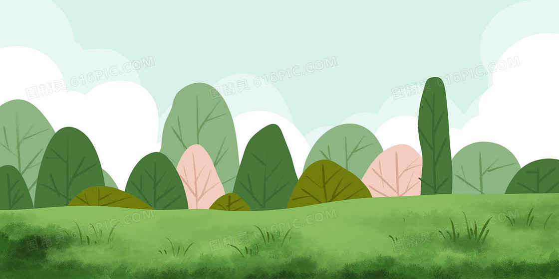 绿色草地蓝天白云小树手绘卡通插画背景