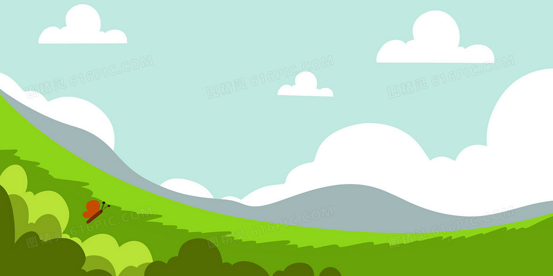 蓝色绿色草地白云天空卡通插画背景素材