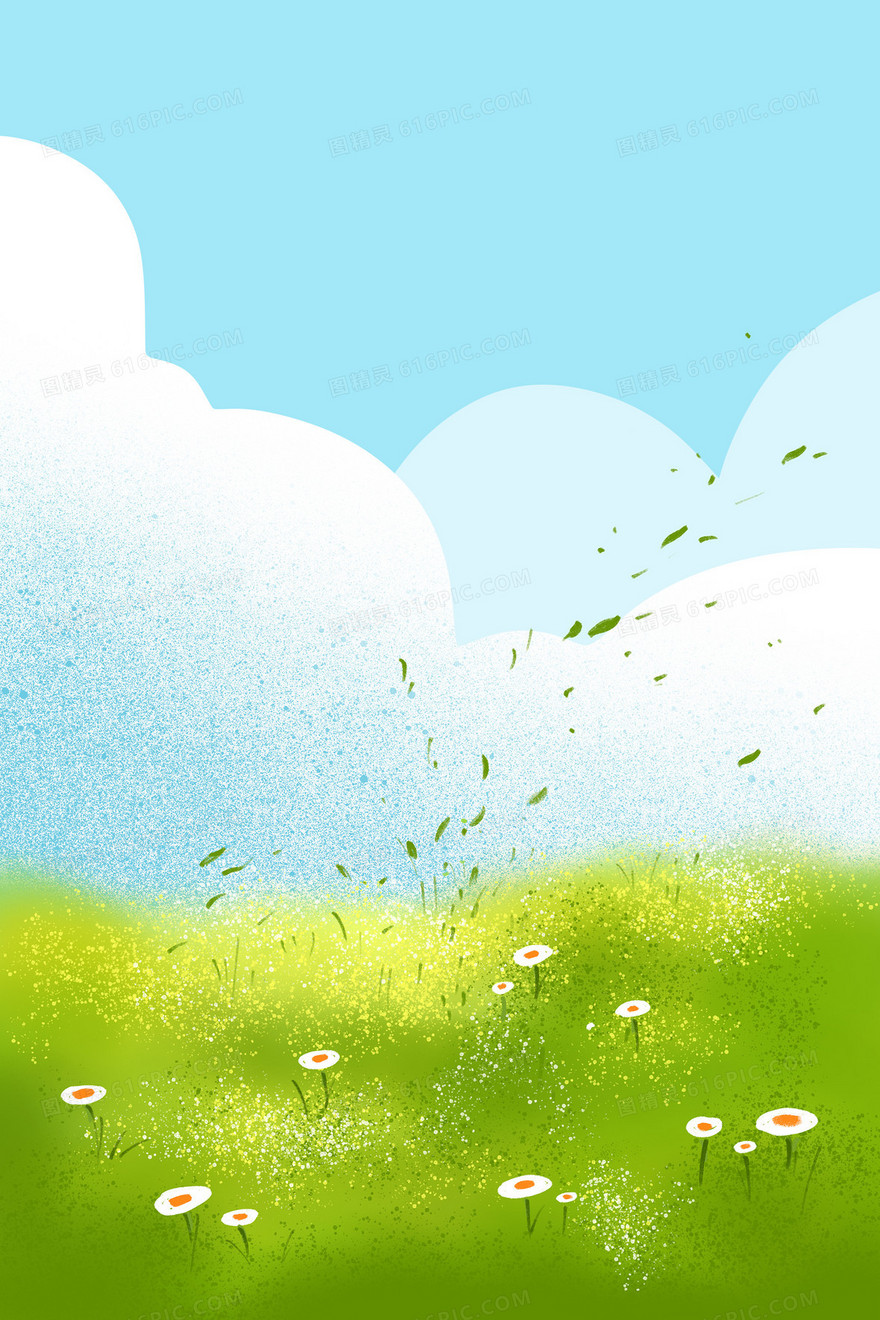 绿色清新草地蓝天白云手绘卡通插画素材