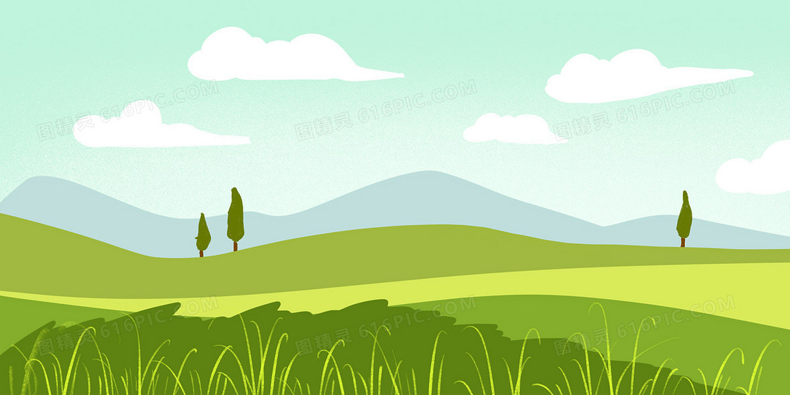 绿色草地蓝天白云手绘卡通插画背景