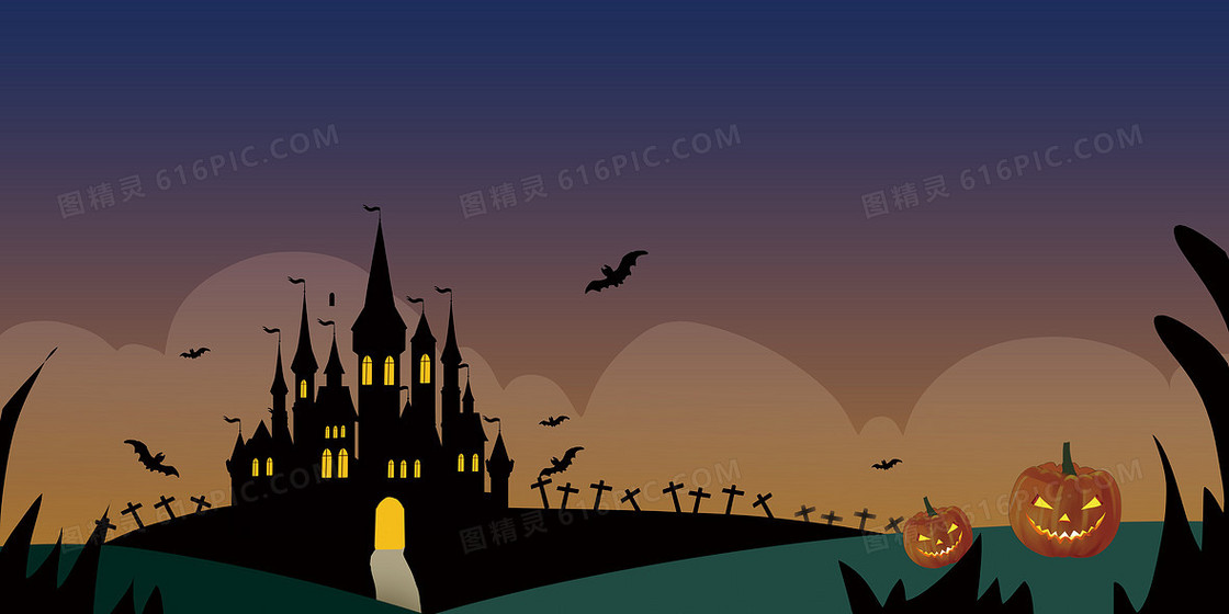 手绘万圣节恐怖暗黑城堡卡通背景