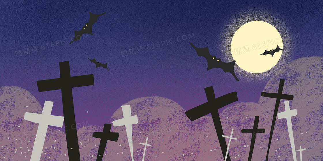 蓝色万圣节十字架卡通手绘诡异插画背景