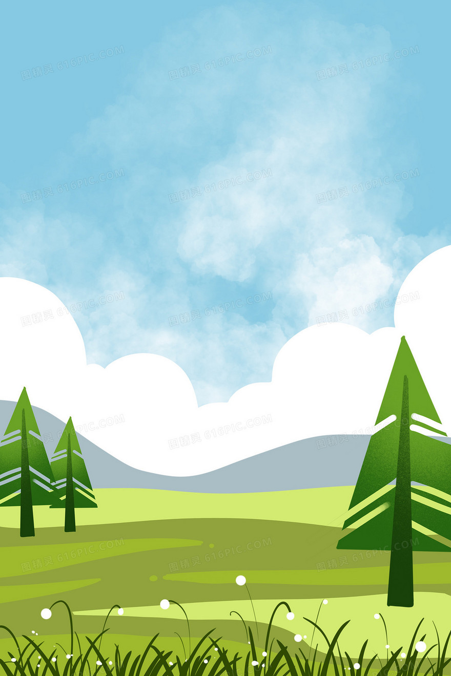 绿色草地松树蓝天手绘插画扁平背景素材