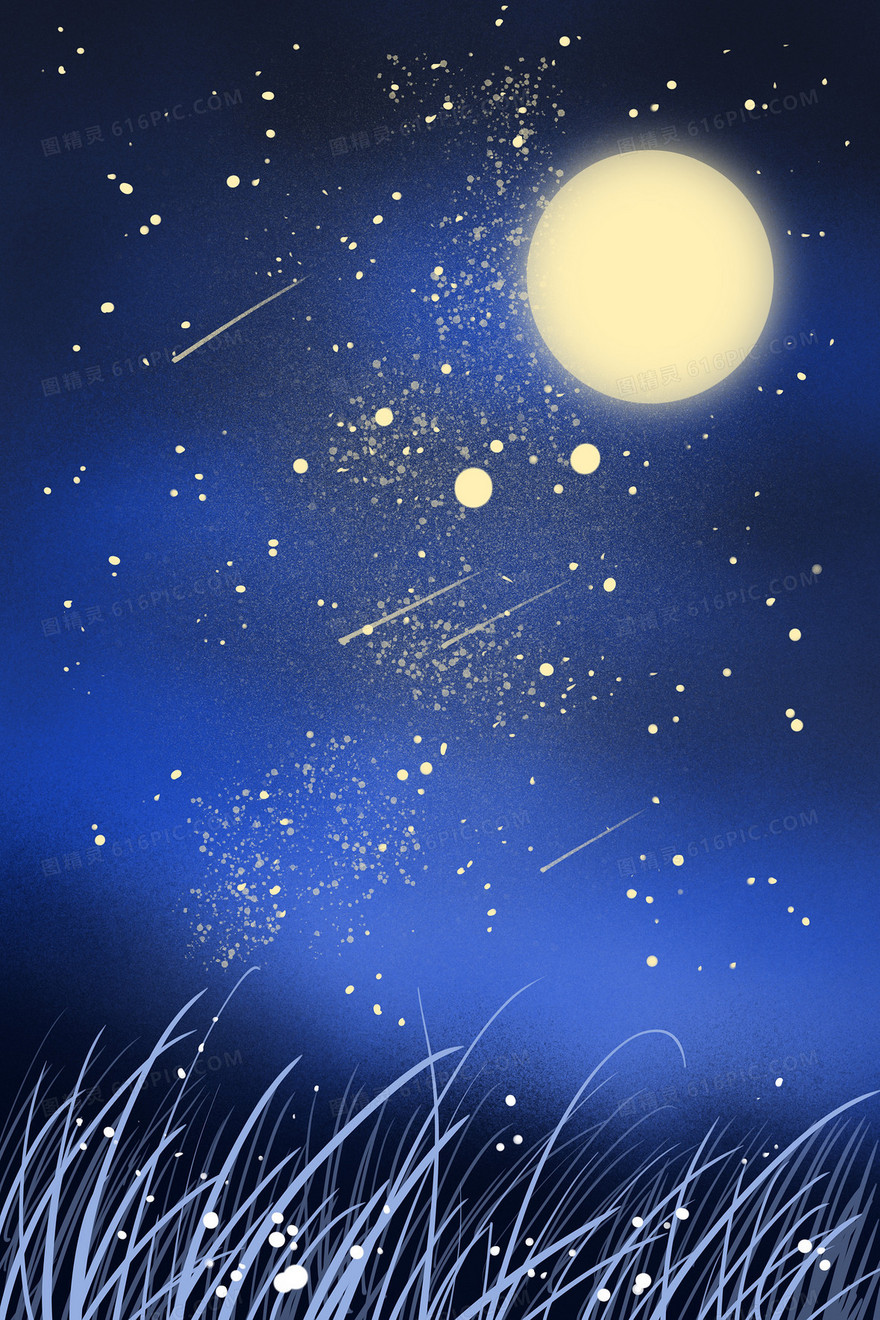 蓝色唯美梦幻星空月亮草地手绘插画背景