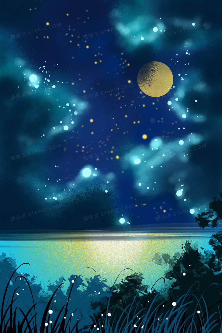 蓝色梦幻唯美星空云朵月亮手绘插画背景