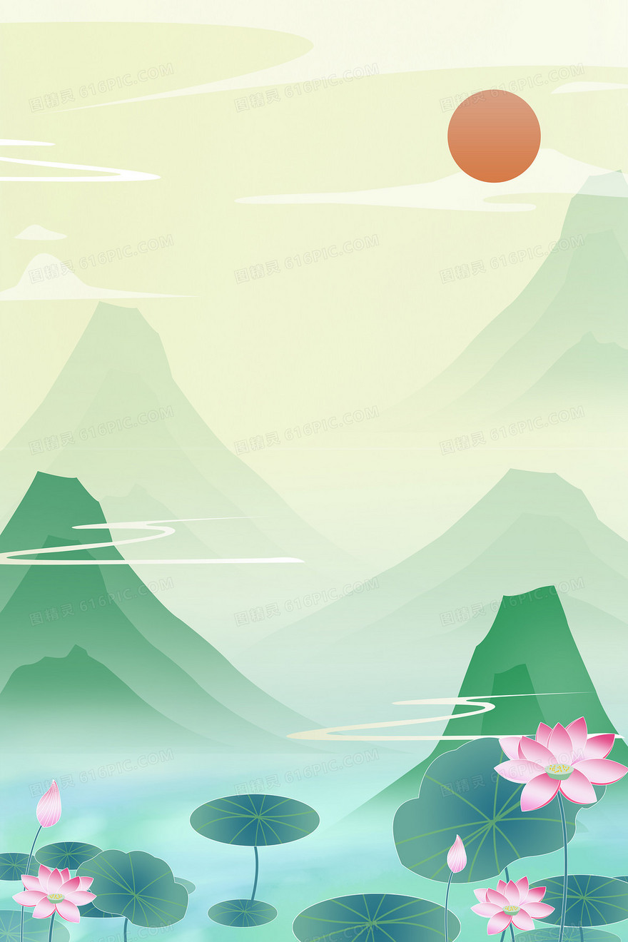 清新中国风荷花扁平山峰背景