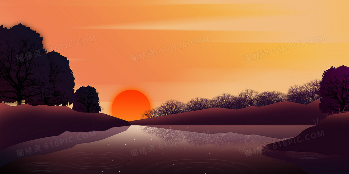 手绘扁平静谧湖水夕阳背景
