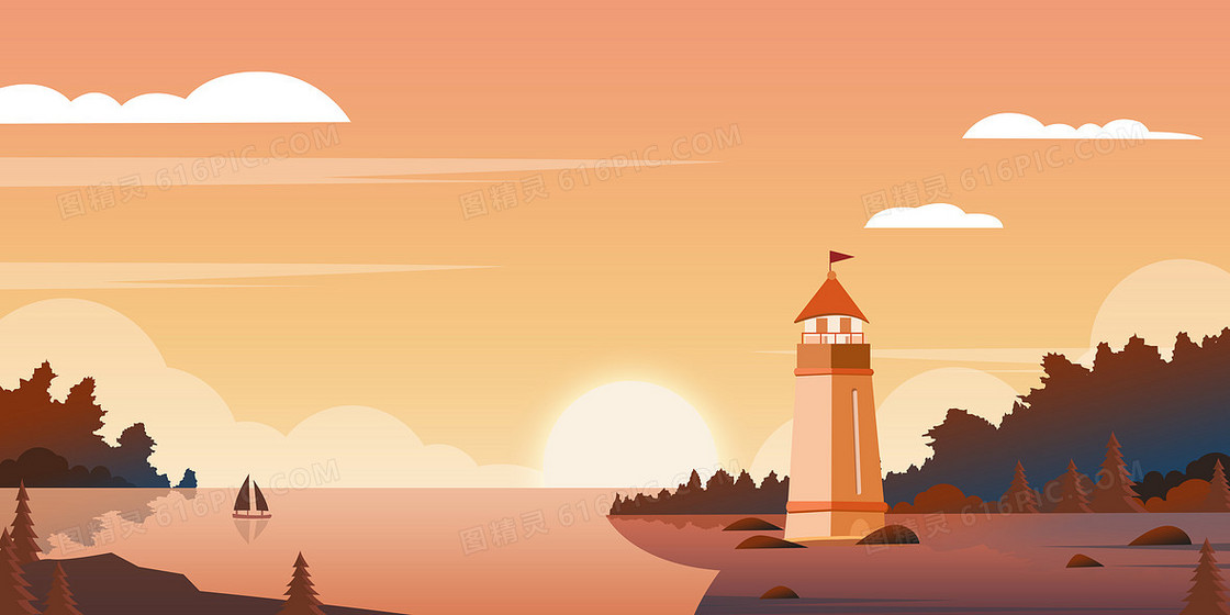 手绘扁平夕阳大海灯塔背景