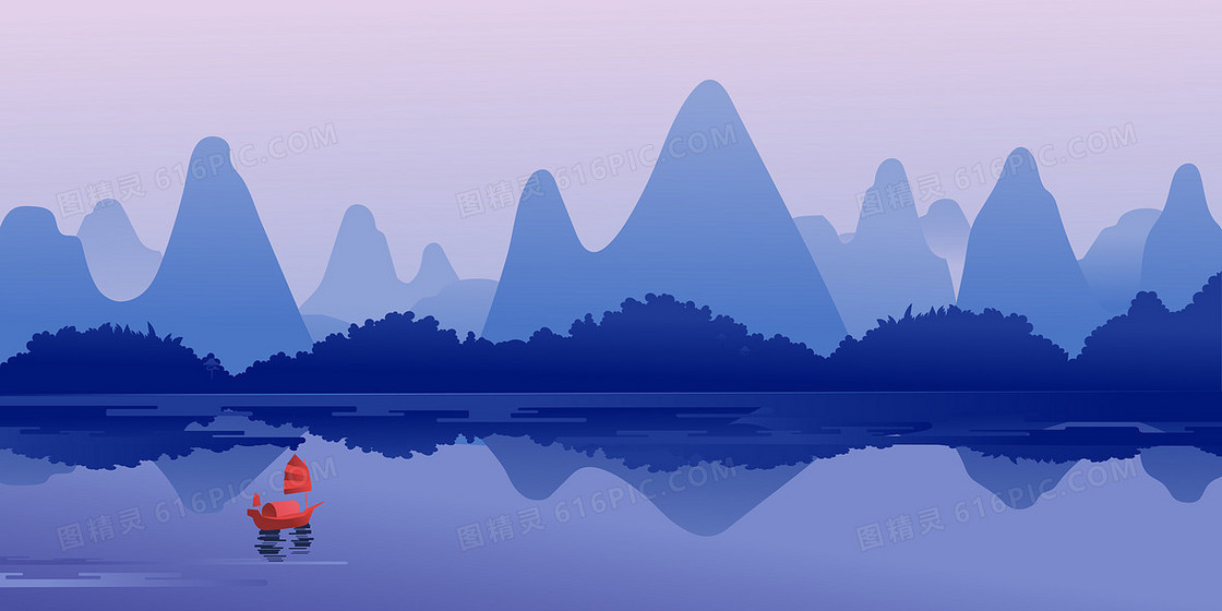 蓝色山水意境清新自然风景扁平背景