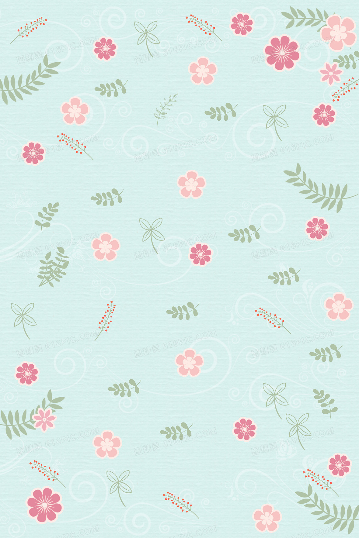 绿色清新植物花都平铺印花背景