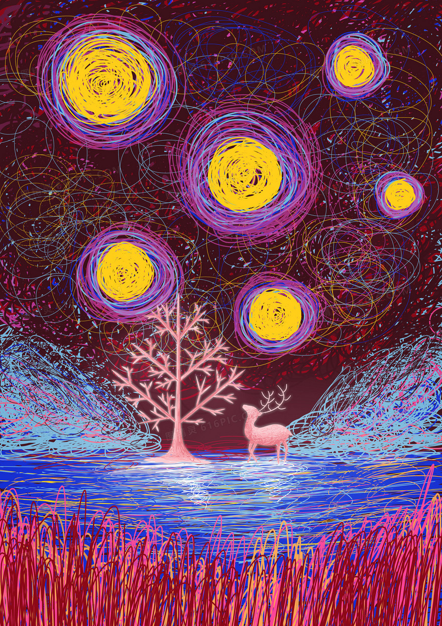 线圈风树下的鹿治愈系插画