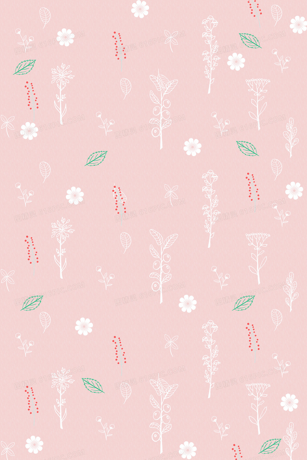 粉色小清新平铺植物叶子印花底纹背景