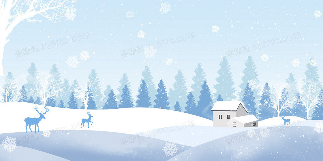 冬季手绘插画清新雪景雪屋麋鹿背景
