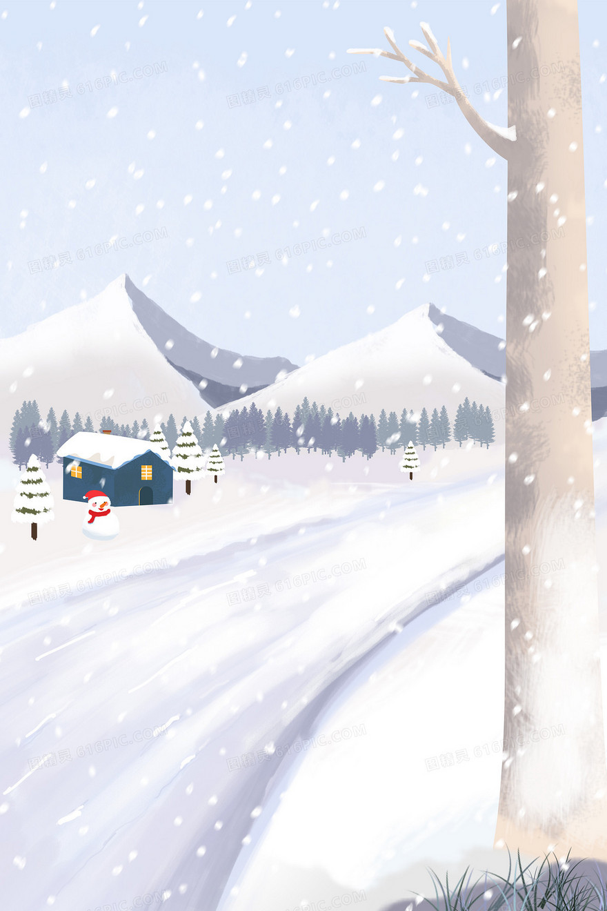 冬季雪景雪路清新手绘插画背景
