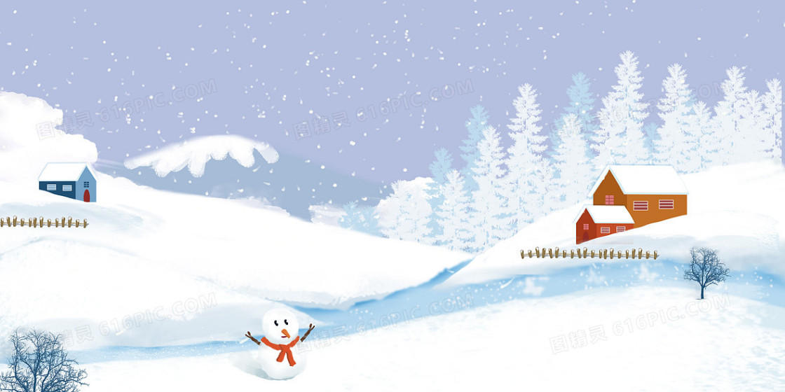 寒冷冬天雪人冰河雪屋雪景插画背景