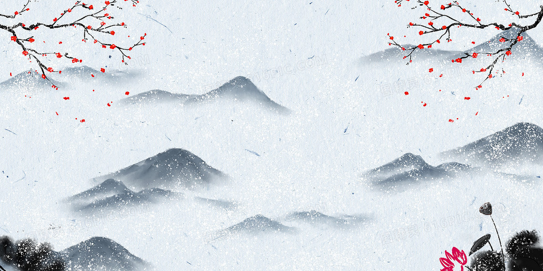 手绘卡通下雪水墨风背景