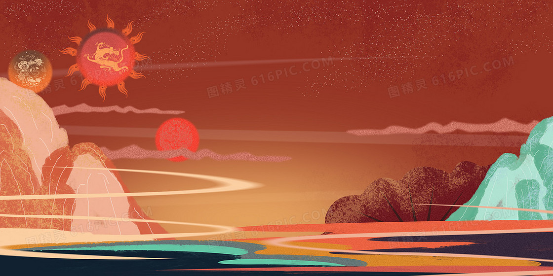 新式中国风神话重彩彩绘图腾背景