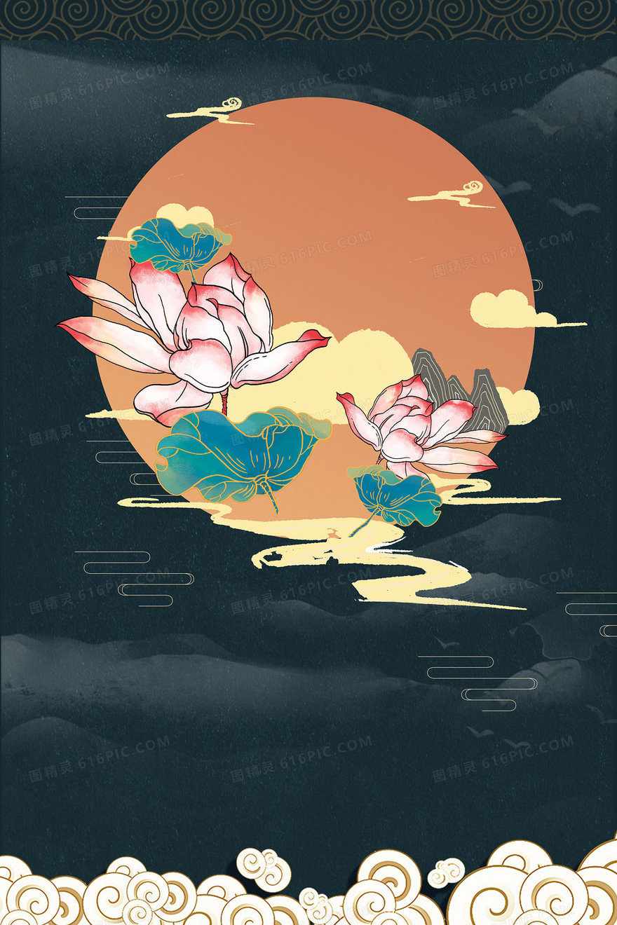 国潮风荷花插画背景