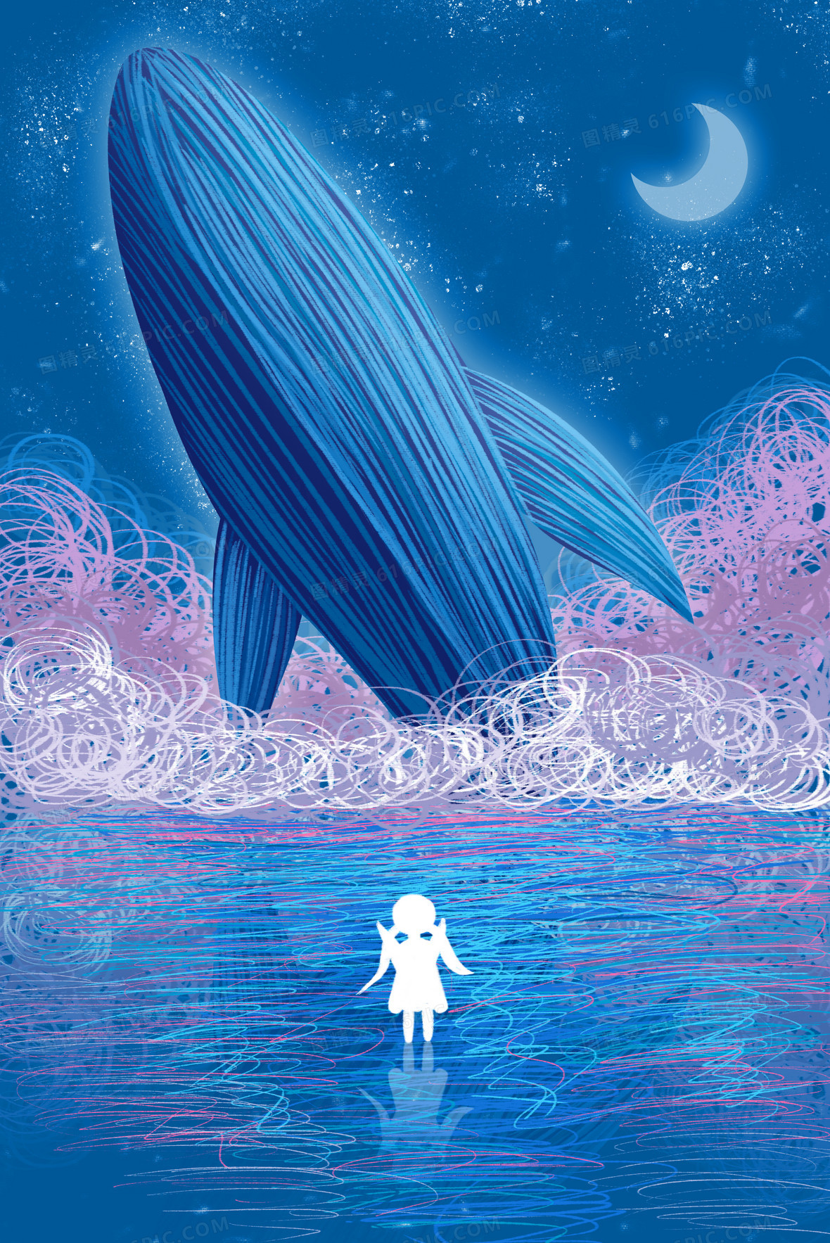 森系文艺手绘插画鲸鱼图片