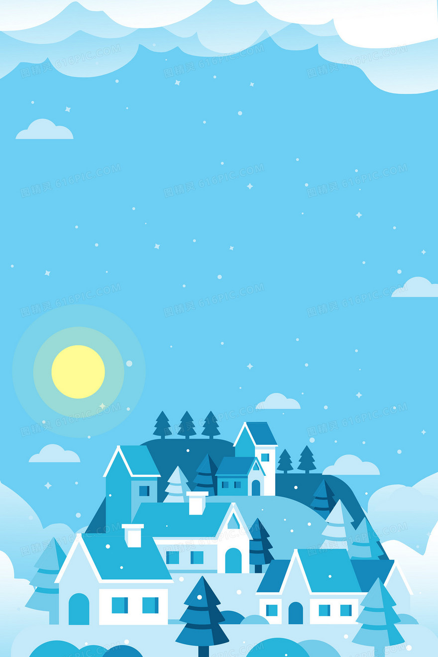 扁平化蓝色冬日暖阳城堡卡通背景
