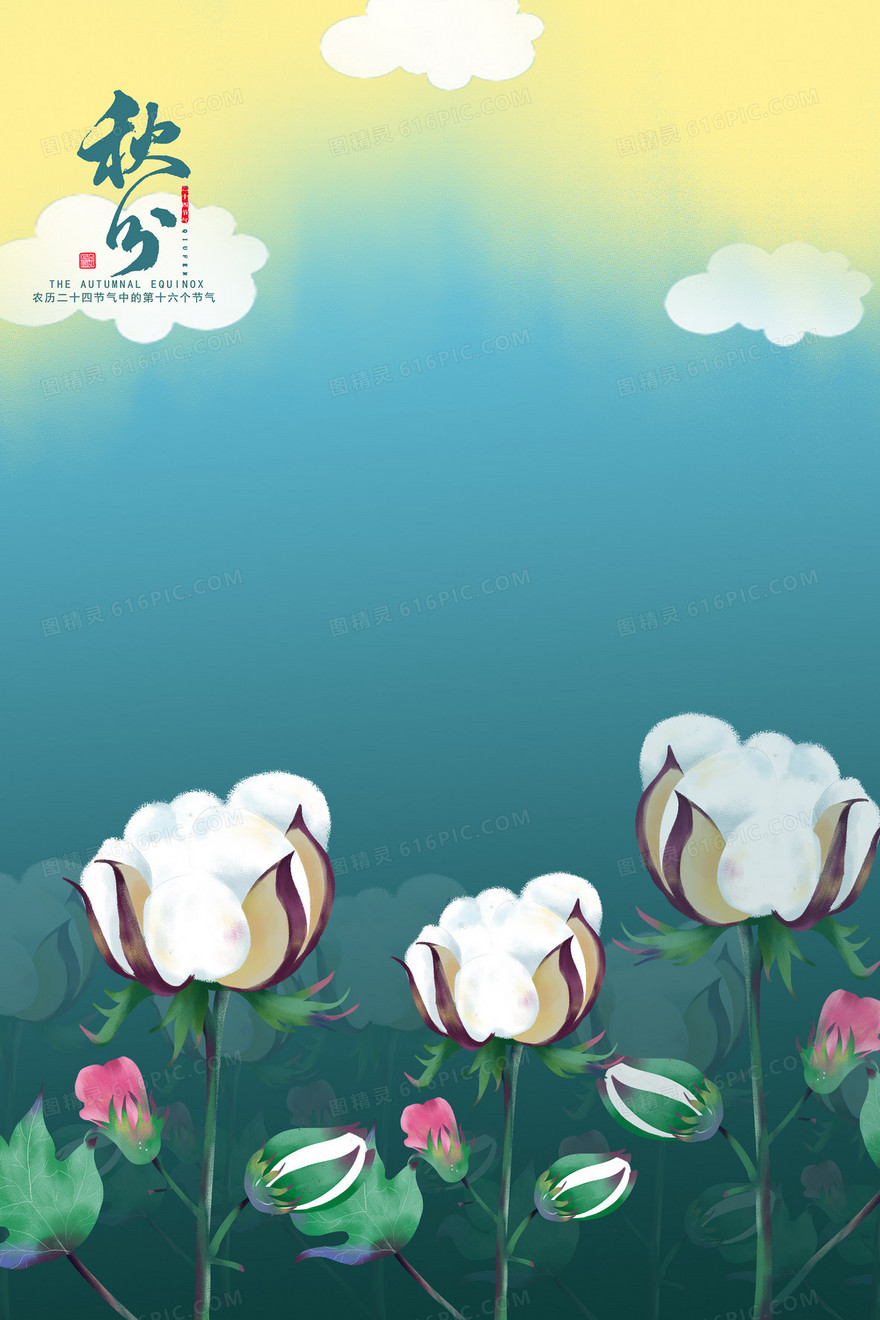 创意节气秋分棉花手绘背景设计