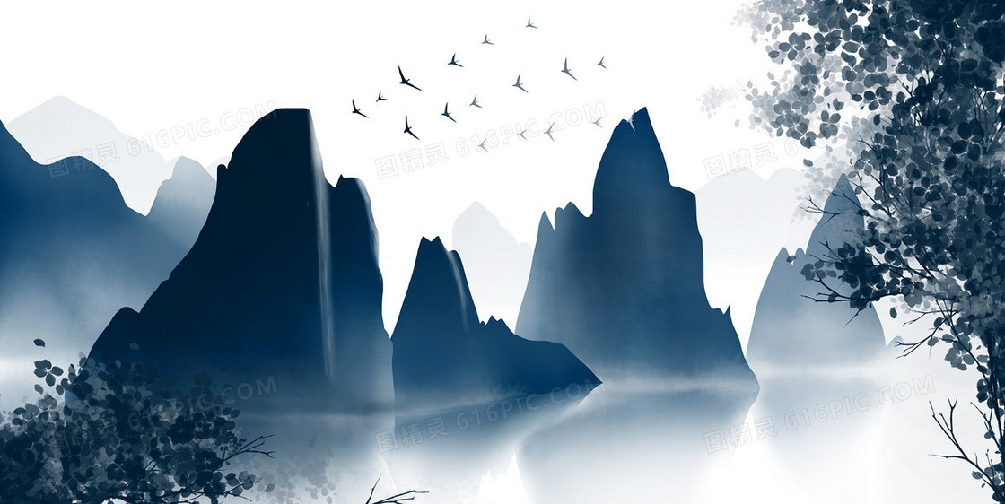 中国风装饰山水水墨画背景插画