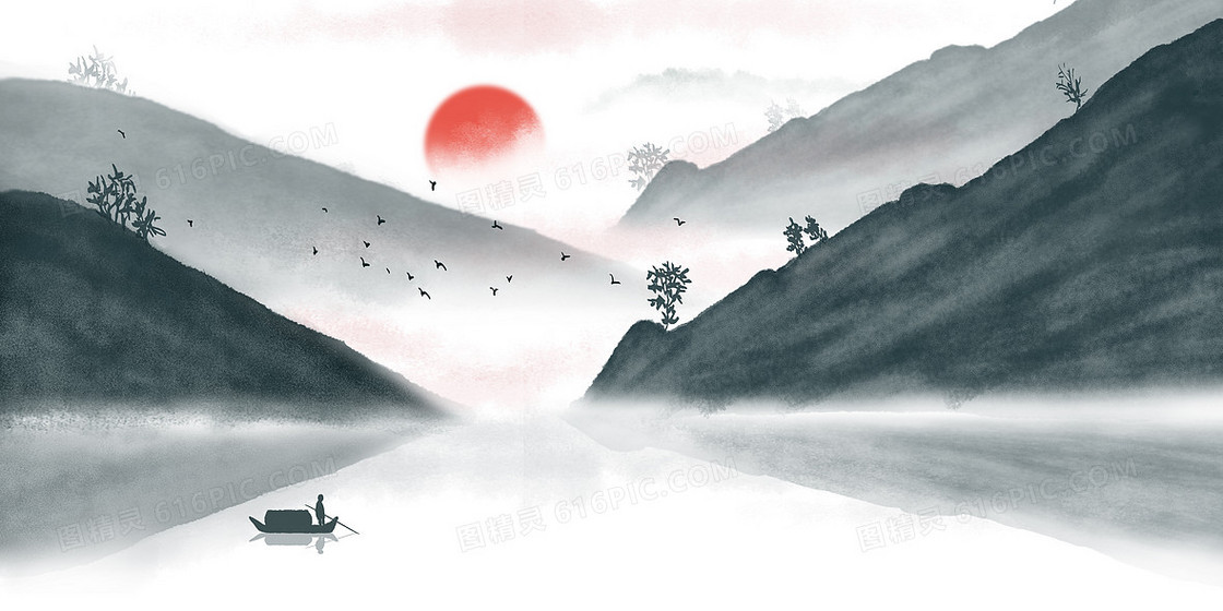 中国风山水画手绘背景设计