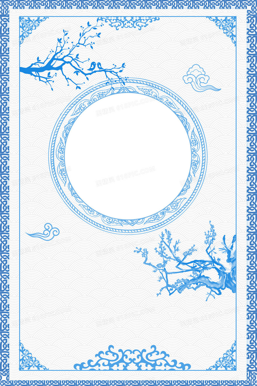 中国风蓝白青花瓷传统图案梅花背景