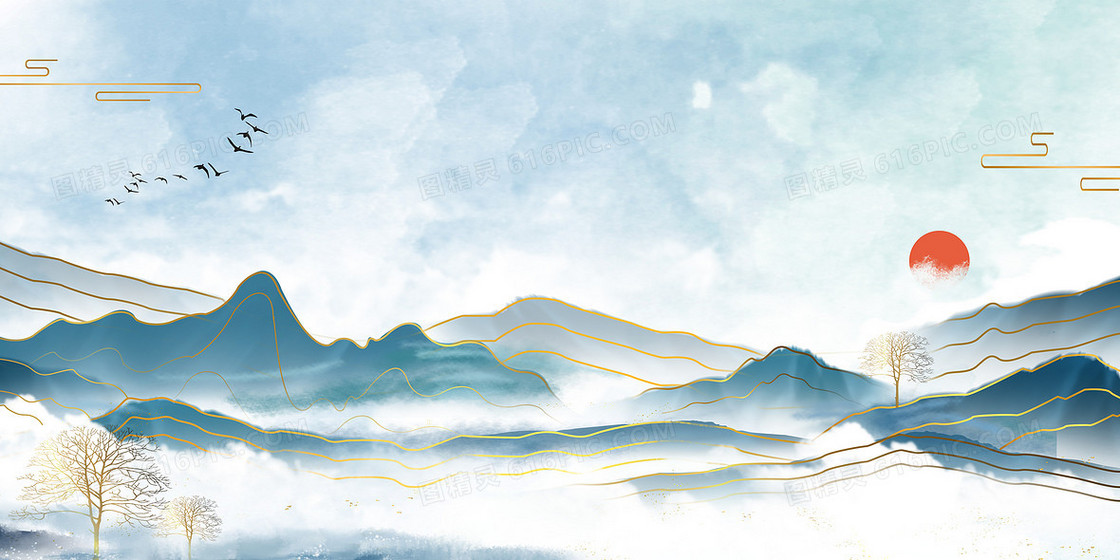 中国风山水鎏金金色山峰线条背景