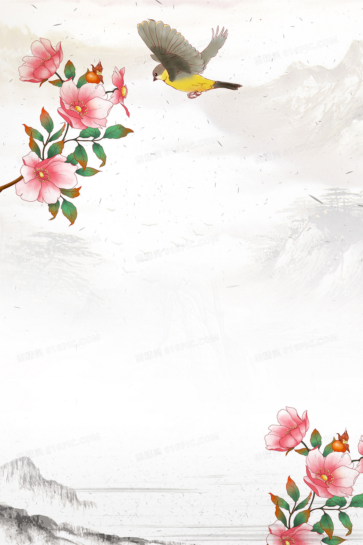 画花鸟折扇复古纸质中国风背景jpgpsd中国风复古工笔画背景素材3500